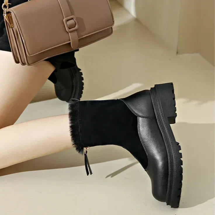 Women's Faux Fur-Lined Winter Boots | Front Zip, Chunky Lug Sole, Mixed Panel Upper | US 5.5-12 | 2 Colors