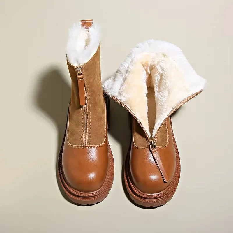 Women's Faux Fur-Lined Winter Boots | Front Zip, Chunky Lug Sole, Mixed Panel Upper | US 5.5-12 | 2 Colors