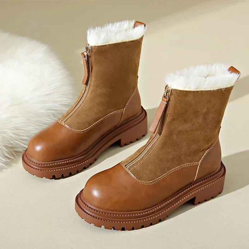 Women's Faux Fur-Lined Winter Boots | Front Zip, Chunky Lug Sole, Mixed Panel Upper | US 5.5-12 | 2 Colors