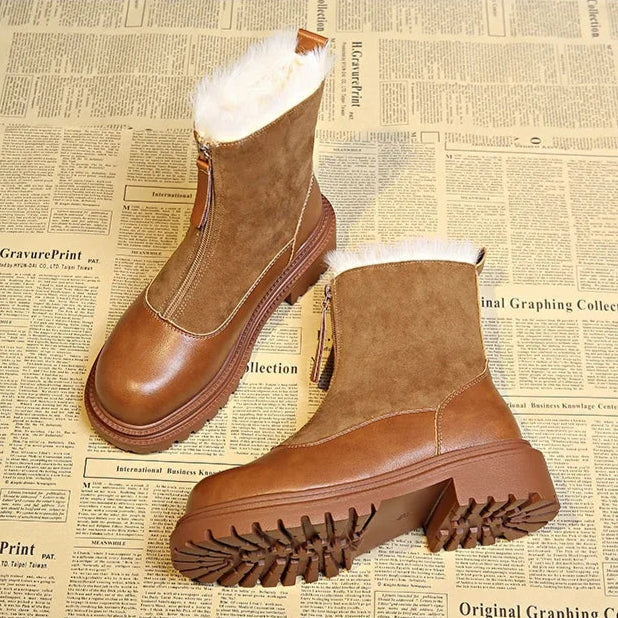 Women's Faux Fur-Lined Winter Boots | Front Zip, Chunky Lug Sole, Mixed Panel Upper | US 5.5-12 | 2 Colors