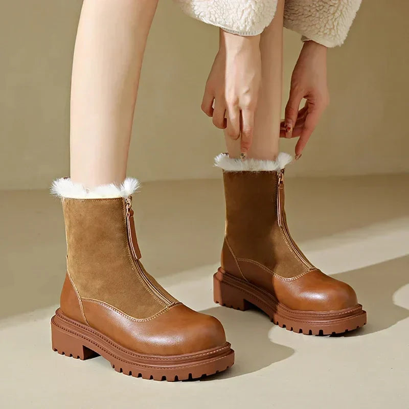 Women's Faux Fur-Lined Winter Boots | Front Zip, Chunky Lug Sole, Mixed Panel Upper | US 5.5-12 | 2 Colors