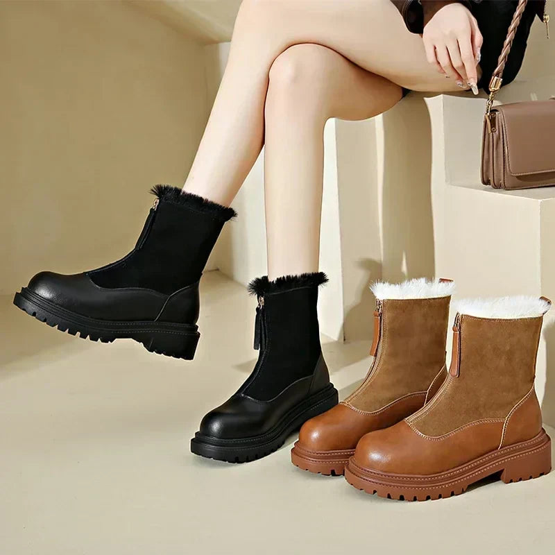 Women's Faux Fur-Lined Winter Boots | Front Zip, Chunky Lug Sole, Mixed Panel Upper | US 5.5-12 | 2 Colors