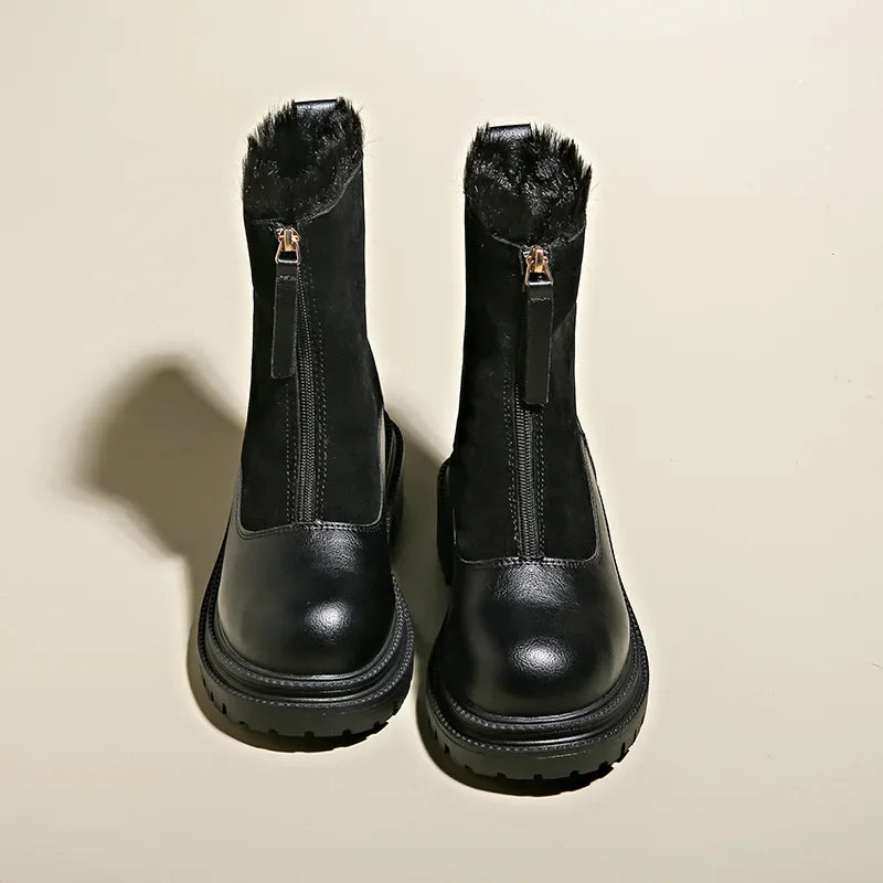 Women's Faux Fur-Lined Winter Boots | Front Zip, Chunky Lug Sole, Mixed Panel Upper | US 5.5-12 | 2 Colors