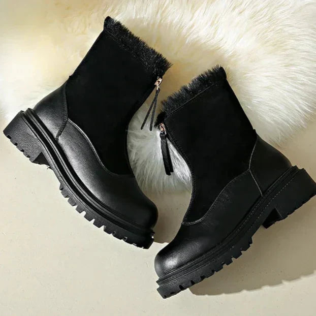 Women's Faux Fur-Lined Winter Boots | Front Zip, Chunky Lug Sole, Mixed Panel Upper | US 5.5-12 | 2 Colors