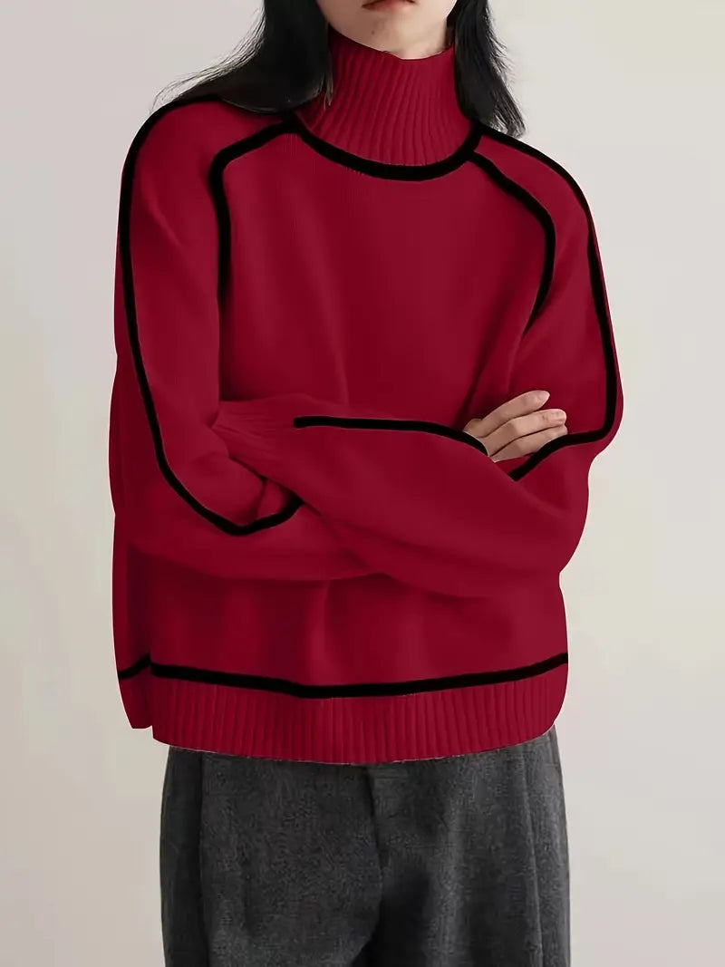Women's Turtleneck Sweater with Contrast Piping | Ribbed Collar and Hem, Oversized Drop-Shoulder Fit | 5 Colors