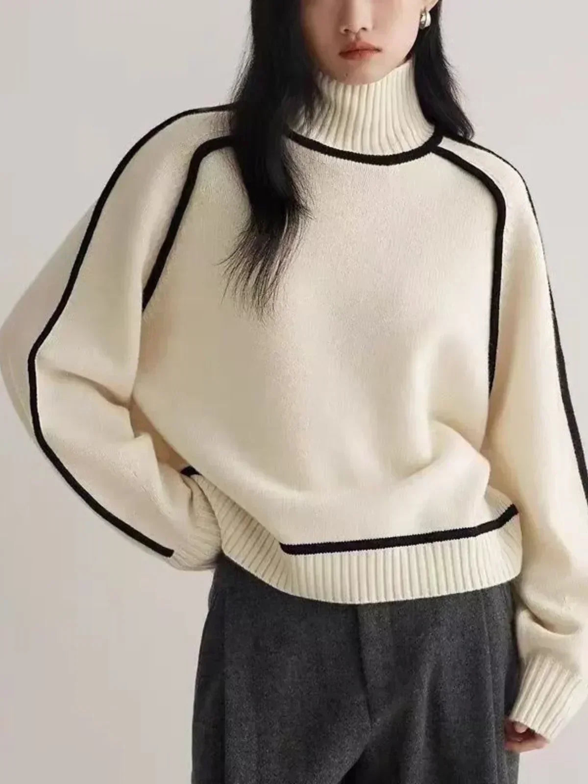Women's Turtleneck Sweater with Contrast Piping | Ribbed Collar and Hem, Oversized Drop-Shoulder Fit | 5 Colors