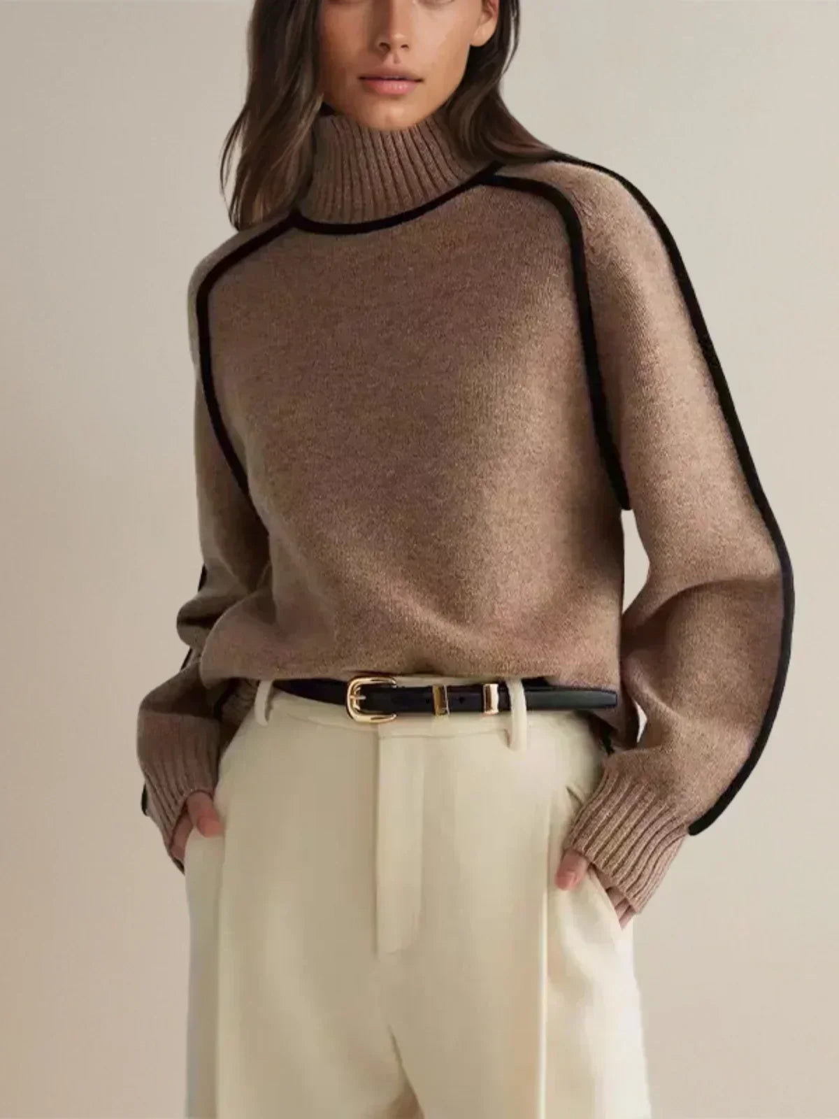 Women's Turtleneck Sweater with Contrast Piping | Ribbed Collar and Hem, Oversized Drop-Shoulder Fit | 5 Colors
