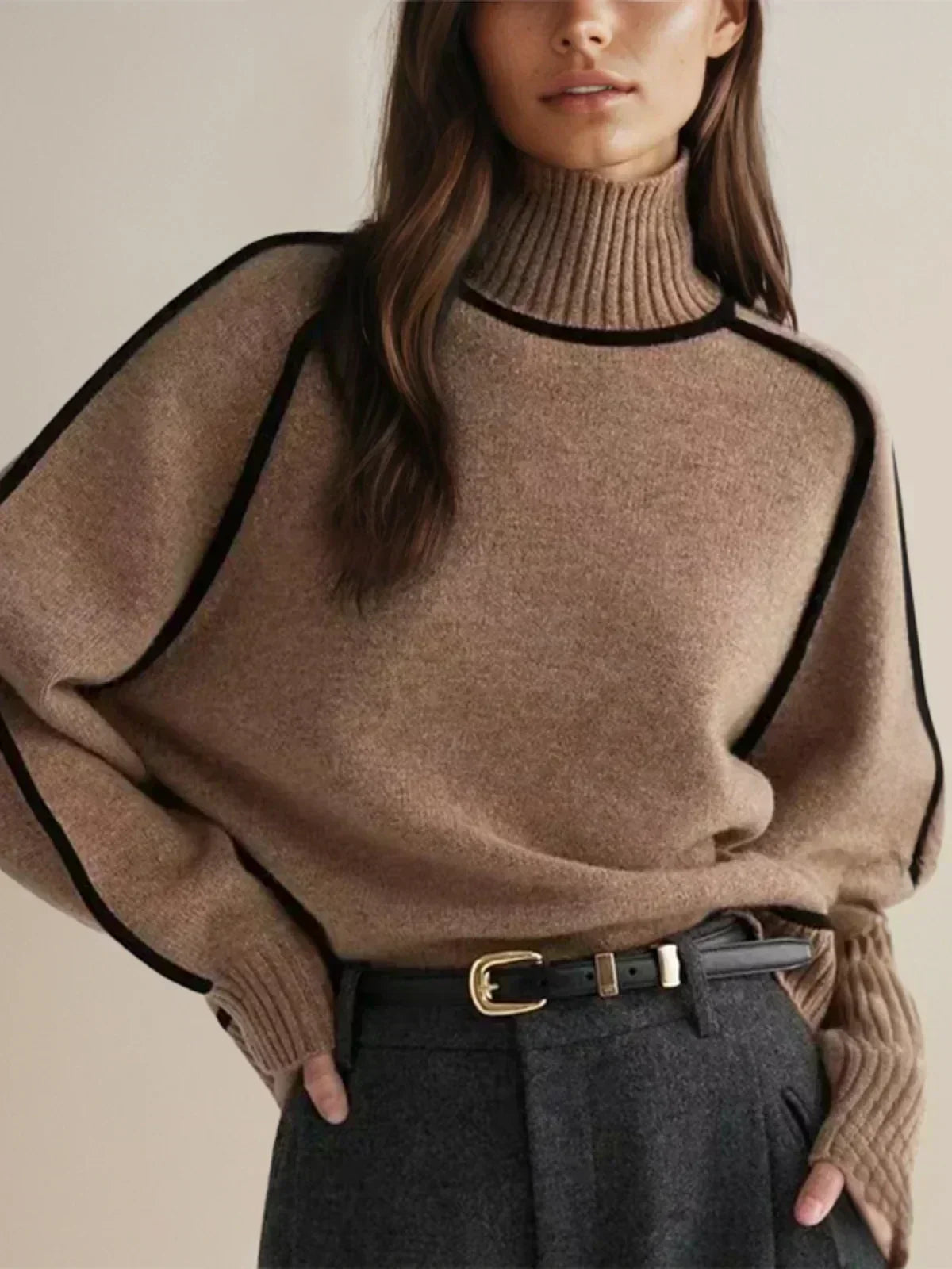 Women's Turtleneck Sweater with Contrast Piping | Ribbed Collar and Hem, Oversized Drop-Shoulder Fit | 5 Colors