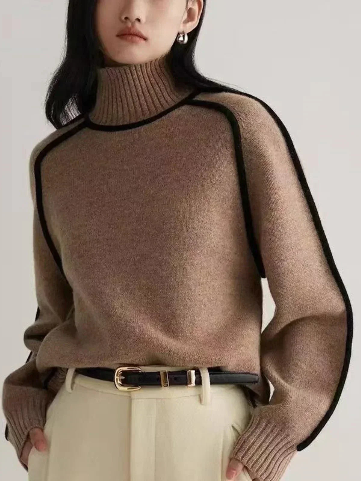Women's Turtleneck Sweater with Contrast Piping | Ribbed Collar and Hem, Oversized Drop-Shoulder Fit | 5 Colors