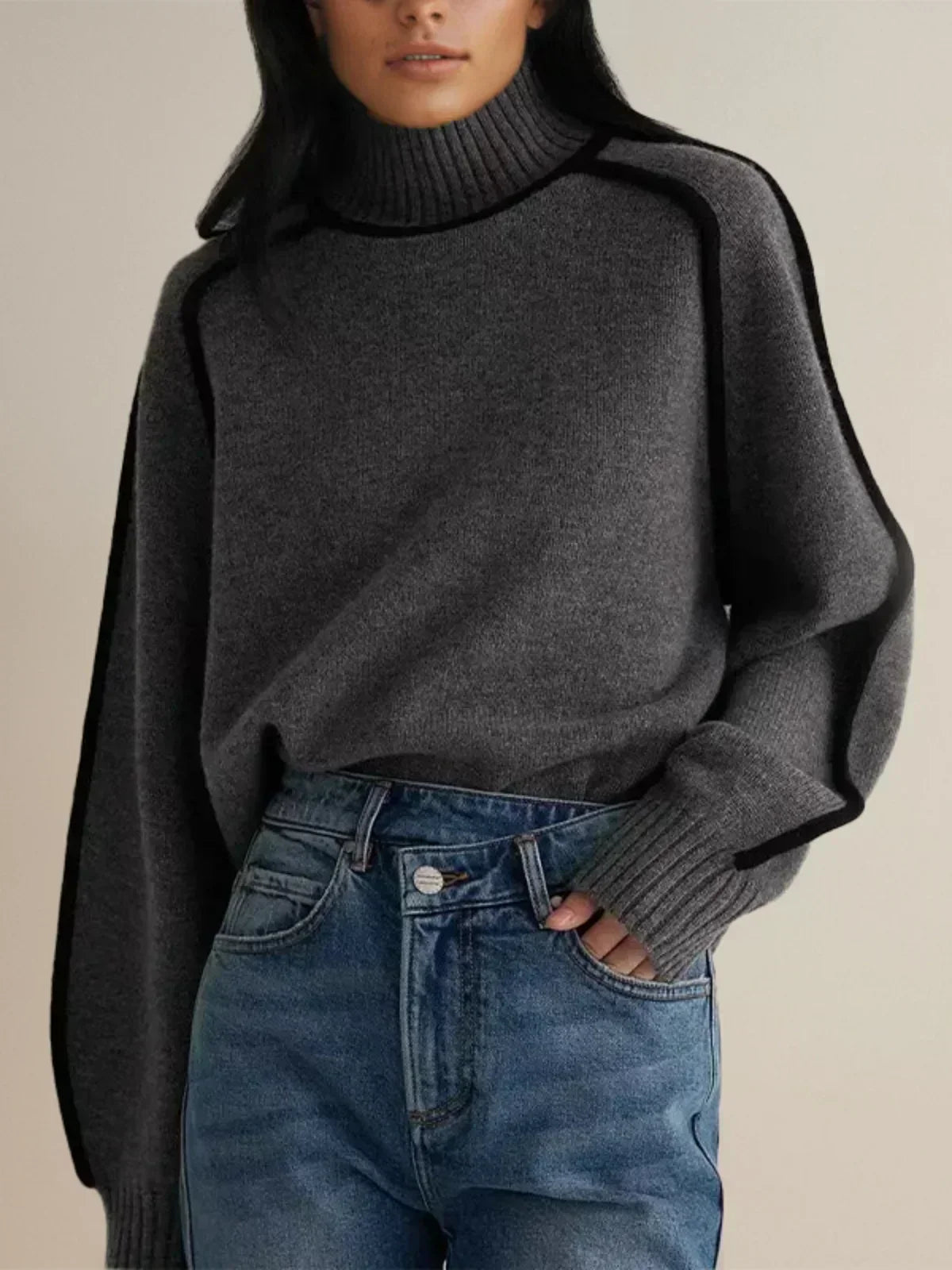 Women's Turtleneck Sweater with Contrast Piping | Ribbed Collar and Hem, Oversized Drop-Shoulder Fit | 5 Colors