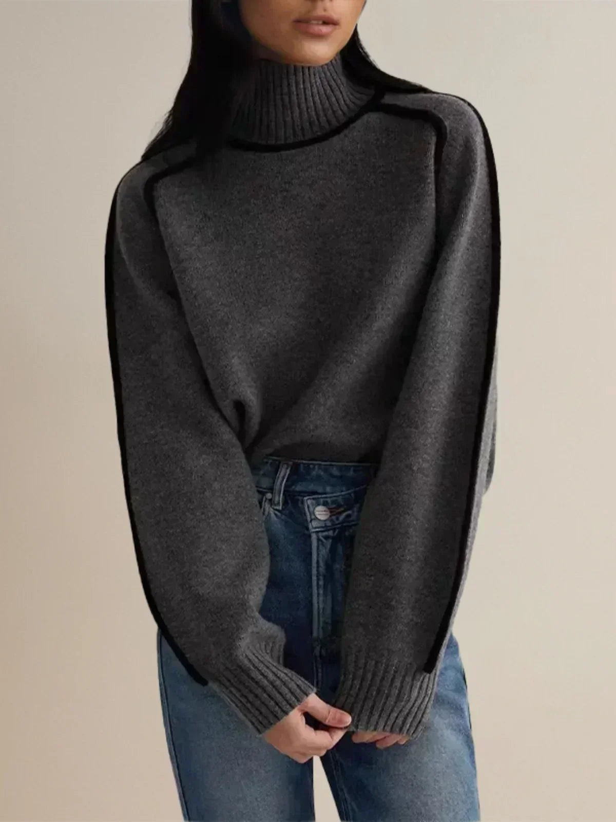 Women's Turtleneck Sweater with Contrast Piping | Ribbed Collar and Hem, Oversized Drop-Shoulder Fit | 5 Colors