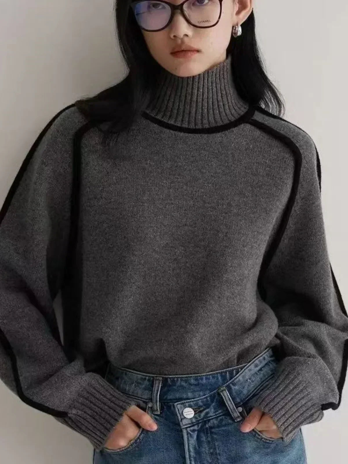 Women's Turtleneck Sweater with Contrast Piping | Ribbed Collar and Hem, Oversized Drop-Shoulder Fit | 5 Colors