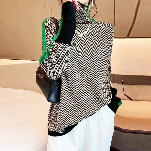 Women's Herringbone Knit Turtleneck Sweater | Contrast Sleeve Trim, Oversized Relaxed Fit, Long Sleeves | 2 Colorways