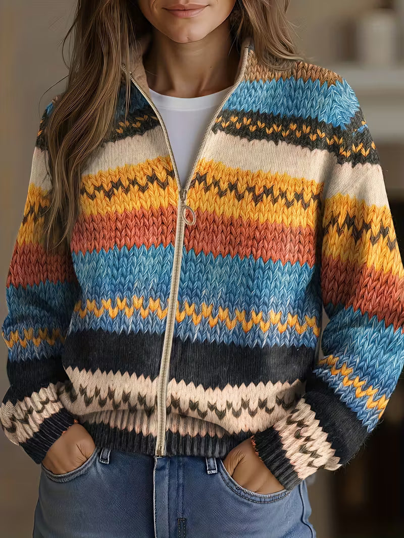 Women's Chevron Stripe Zip-Up Knit Cardigan | Full-Length Gold Zip, Ribbed Cuffs and Hem | Sizes S-3XL
