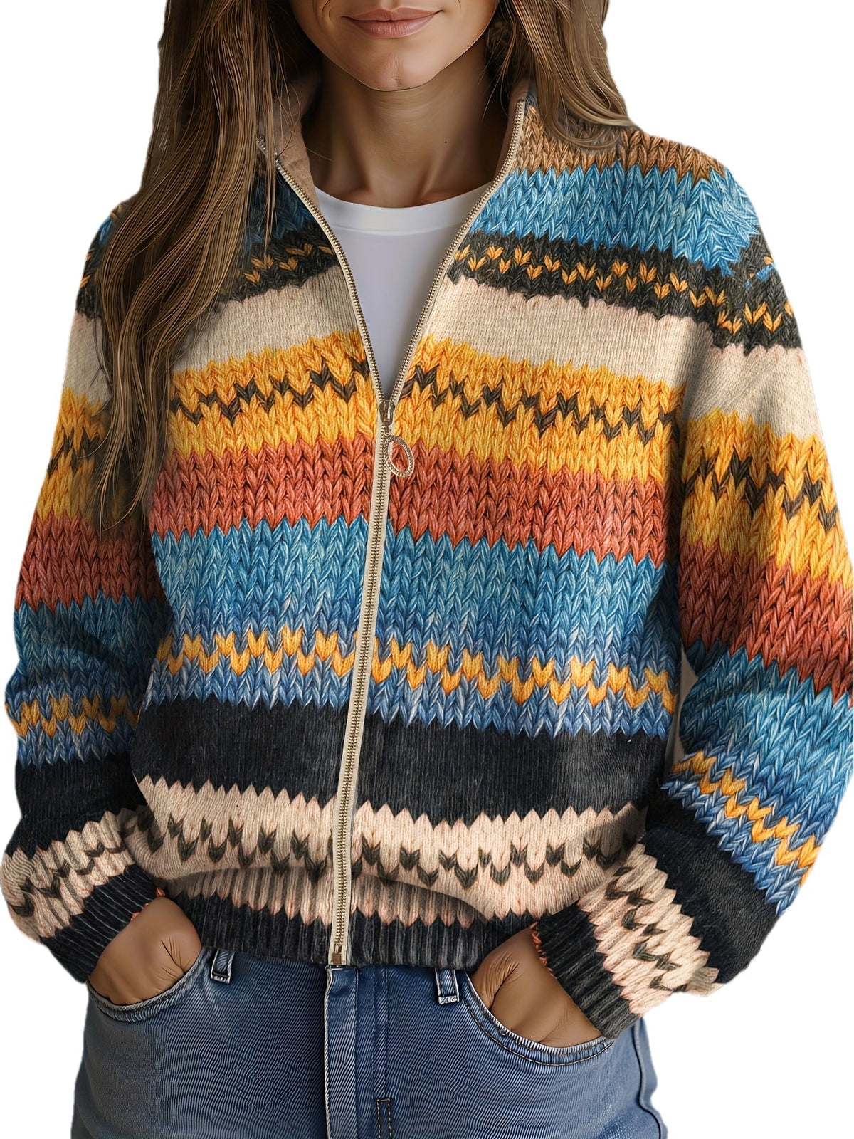 Women's Chevron Stripe Zip-Up Knit Cardigan | Full-Length Gold Zip, Ribbed Cuffs and Hem | Sizes S-3XL
