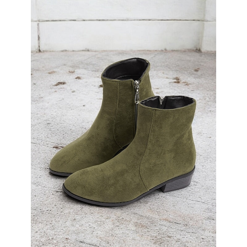 Women's Boots with Block Heel and Ankle Height | Zip Closure | Size 6-10.5 | Brown, Green, Black