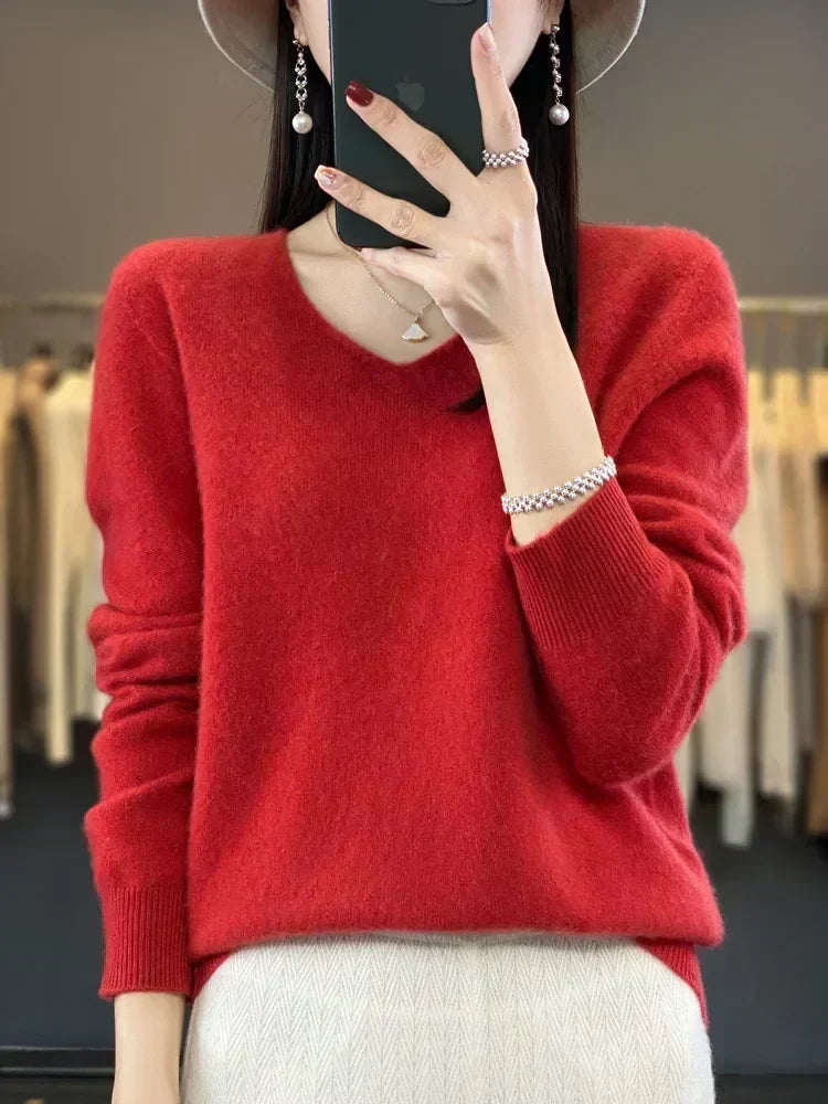 Women's V Neck Sweater with Long Sleeves | Relaxed Fit Knit Pullover in Twelve Shades | Size XS-3XL, 12 Colors