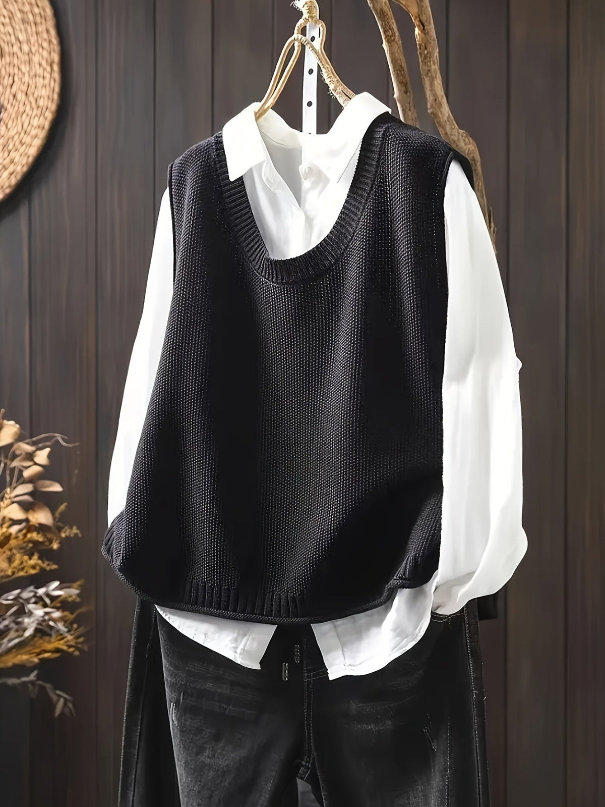 Women's Knit Sweater Vest and Button-Down Shirt Set | Layered Two-Piece, Round Neck Vest, Relaxed Fit | 3 Colors