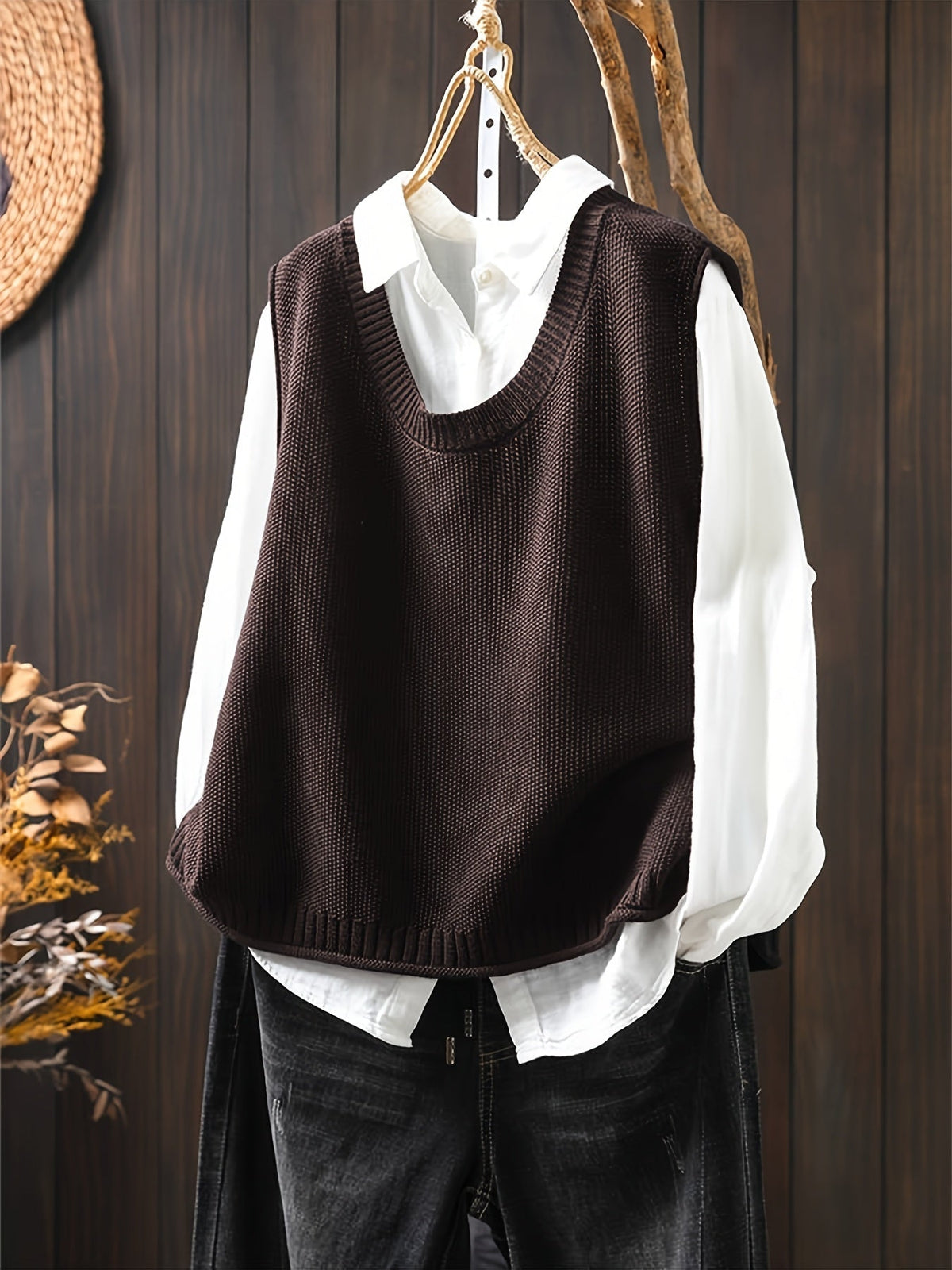 Women's Knit Sweater Vest and Button-Down Shirt Set | Layered Two-Piece, Round Neck Vest, Relaxed Fit | 3 Colors