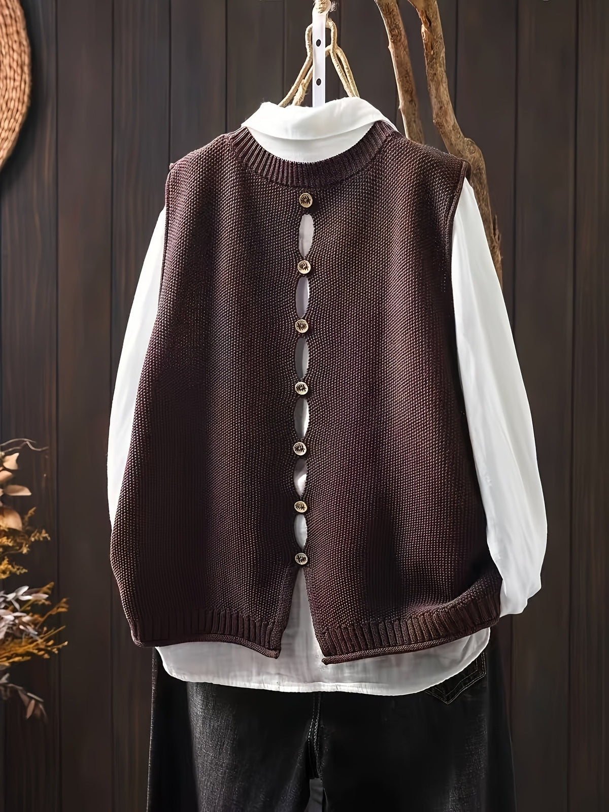 Women's Knit Sweater Vest and Button-Down Shirt Set | Layered Two-Piece, Round Neck Vest, Relaxed Fit | 3 Colors