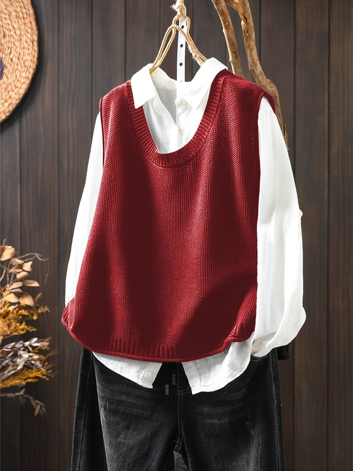 Women's Knit Sweater Vest and Button-Down Shirt Set | Layered Two-Piece, Round Neck Vest, Relaxed Fit | 3 Colors