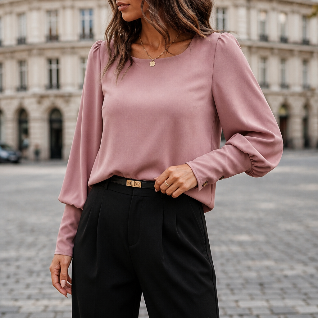 Women's Puff Sleeve Blouse in Lightweight Polyester | Round Neckline, Back Button Detail | Sizes S to 2XL, 4 Colors