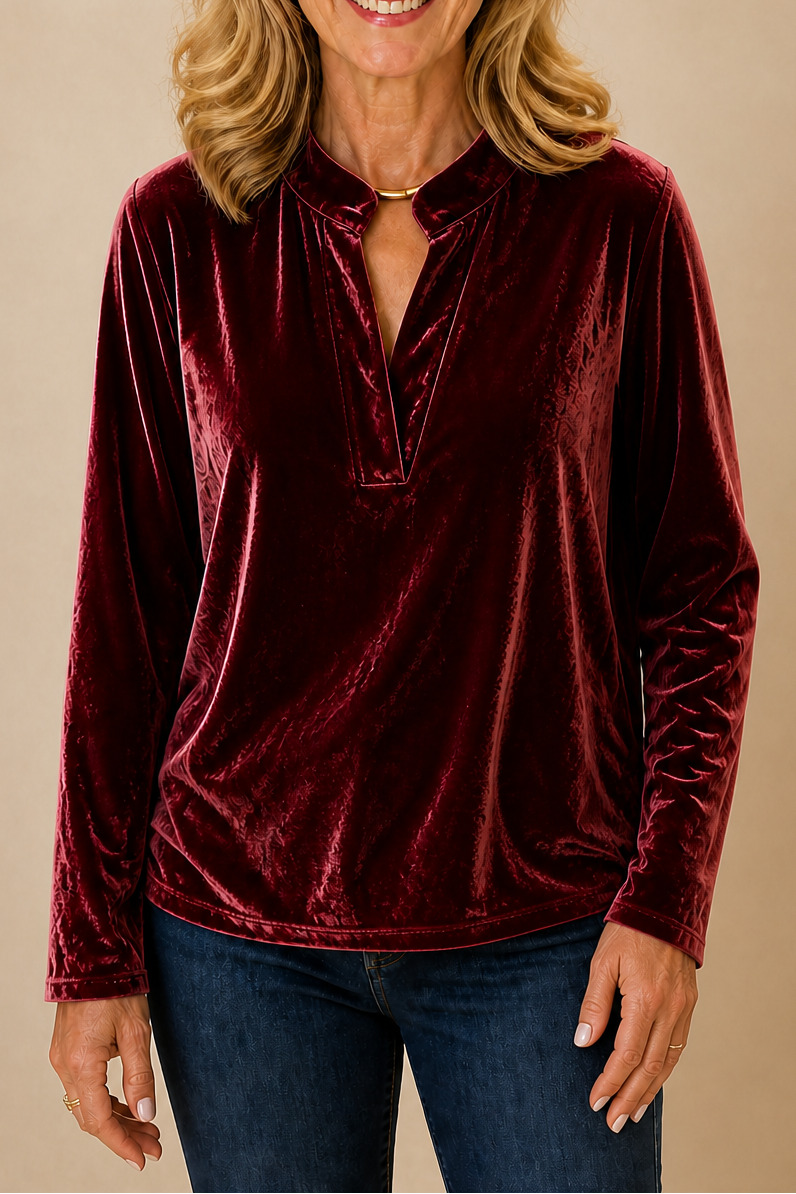Women's Velvet-Look V Neck Top | Split Neckline, Long Sleeve, Sits At The Hip | Sizes S to 3XL, 6 Colors