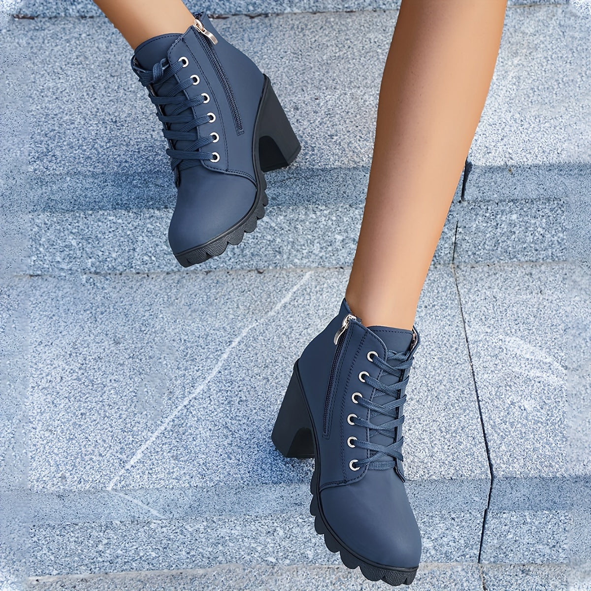 Women's Lace Up Ankle Boots with Block Heel | Side Zip Entry, Chunky Lug Sole | Size 5.5-10.5, 5 Colors