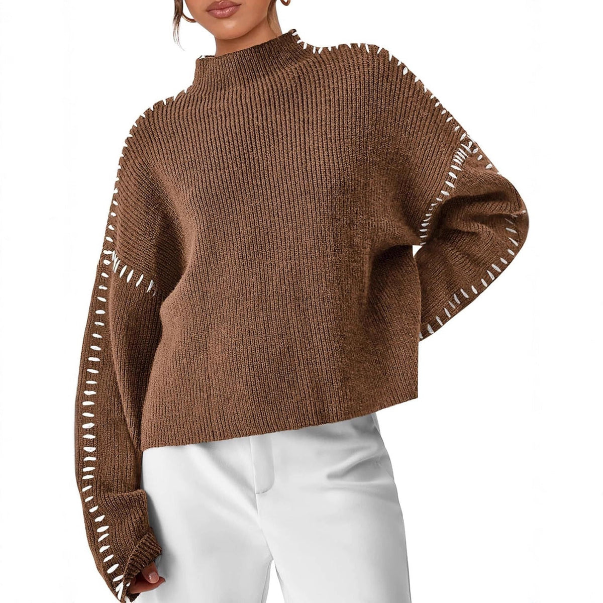 Women's Oversized Mock Neck Sweater | Contrast Whipstitch Trim, Chunky Ribbed Knit, Relaxed Fit | 4 Colors