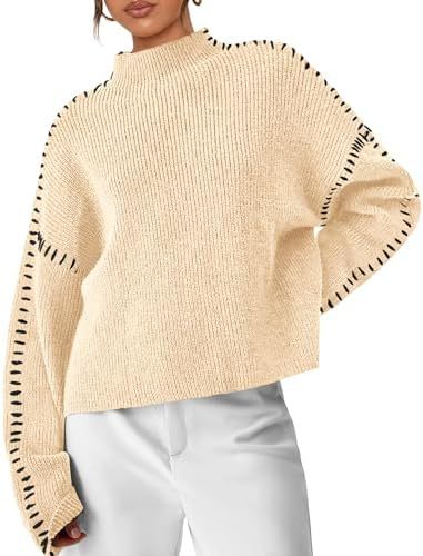 Women's Oversized Mock Neck Sweater | Contrast Whipstitch Trim, Chunky Ribbed Knit, Relaxed Fit | 4 Colors