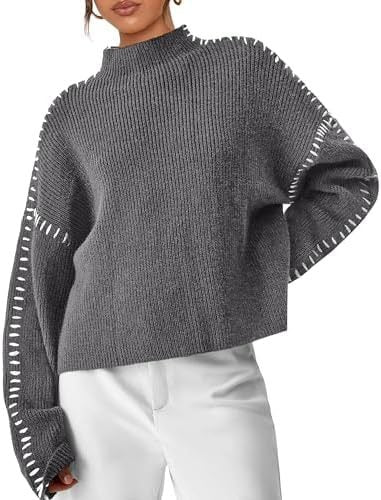 Women's Oversized Mock Neck Sweater | Contrast Whipstitch Trim, Chunky Ribbed Knit, Relaxed Fit | 4 Colors