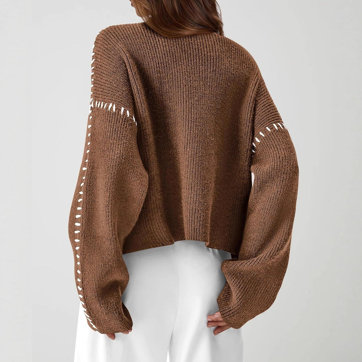 Women's Oversized Mock Neck Sweater | Contrast Whipstitch Trim, Chunky Ribbed Knit, Relaxed Fit | 4 Colors