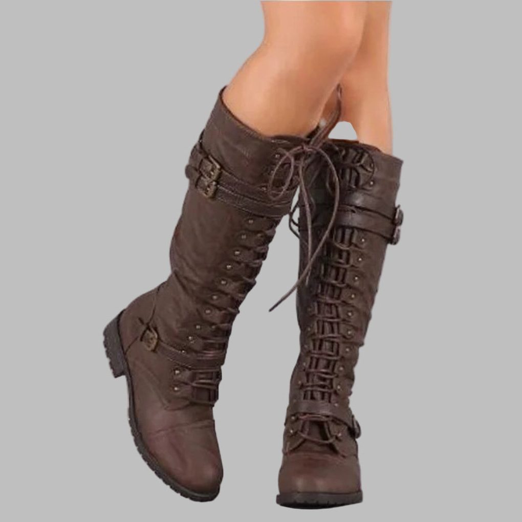 Women's Lace Up Boots with Buckle Straps | Tall Gathered Shaft, Low Block Heel, Textured Sole | 3 Colors