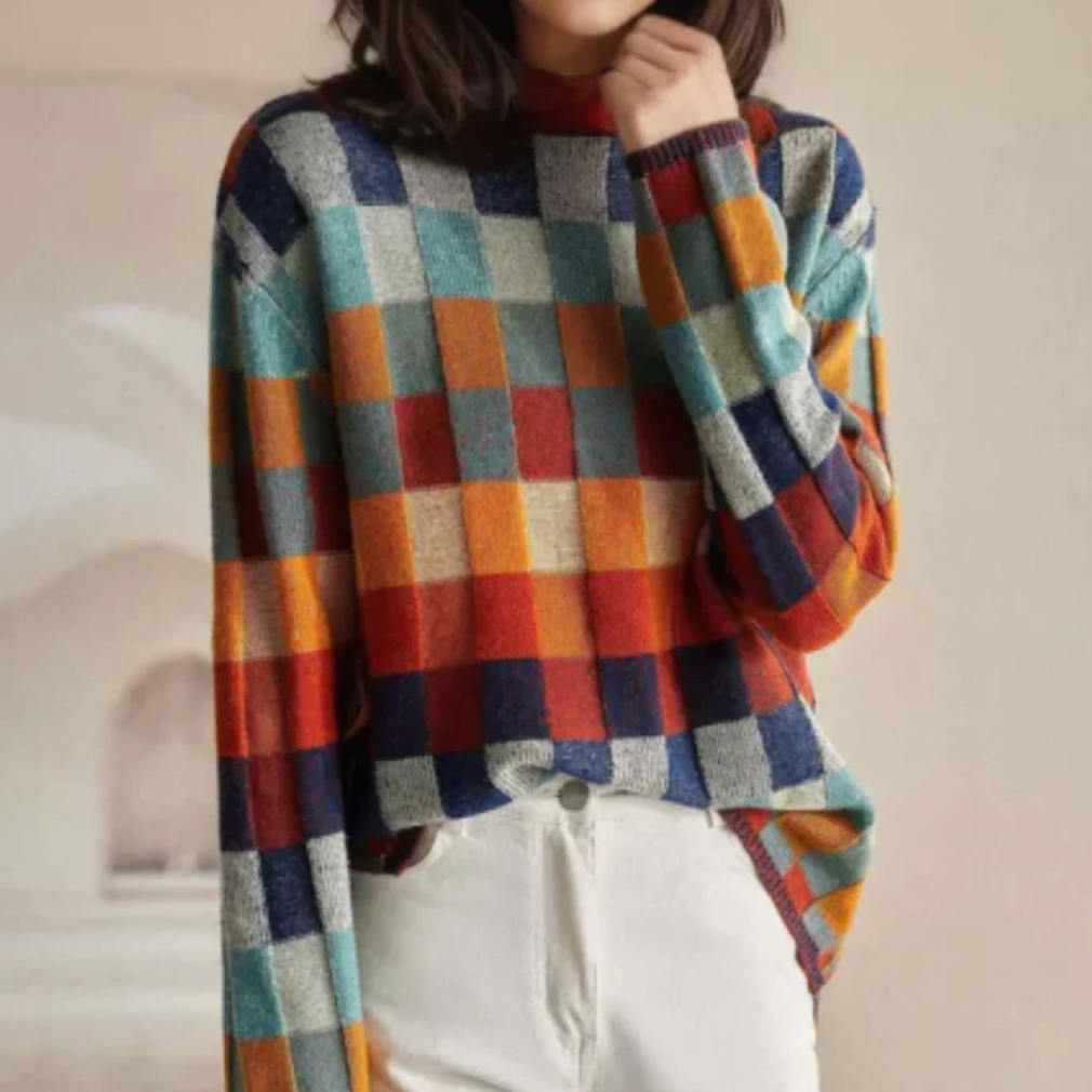 Women's Colorblock Check Turtleneck Sweater | Bold Retro Grid Pattern, Mock Neck, Relaxed Knit Fit | Sizes S-XL