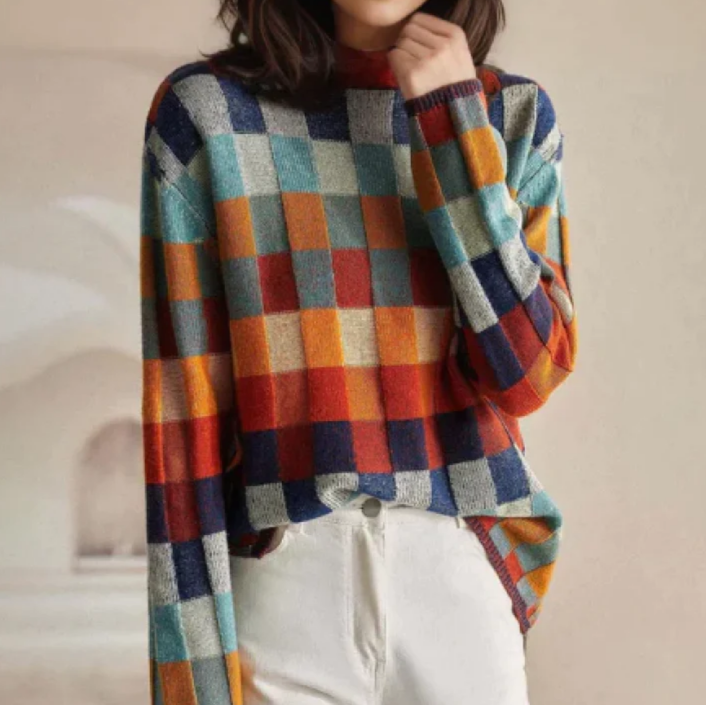 Women's Colorblock Check Turtleneck Sweater | Bold Retro Grid Pattern, Mock Neck, Relaxed Knit Fit | Sizes S-XL