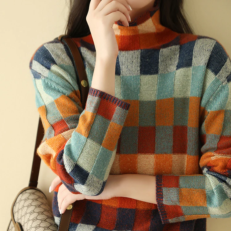 Women's Colorblock Check Turtleneck Sweater | Bold Retro Grid Pattern, Mock Neck, Relaxed Knit Fit | Sizes S-XL
