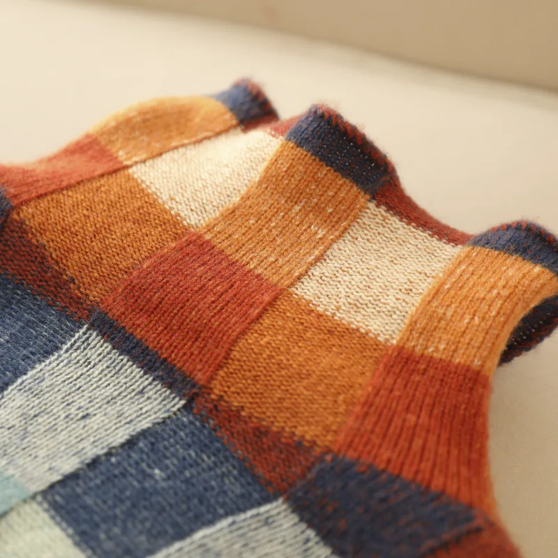 Women's Colorblock Check Turtleneck Sweater | Bold Retro Grid Pattern, Mock Neck, Relaxed Knit Fit | Sizes S-XL