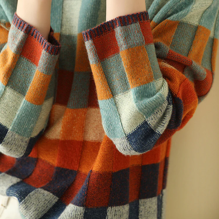 Women's Colorblock Check Turtleneck Sweater | Bold Retro Grid Pattern, Mock Neck, Relaxed Knit Fit | Sizes S-XL