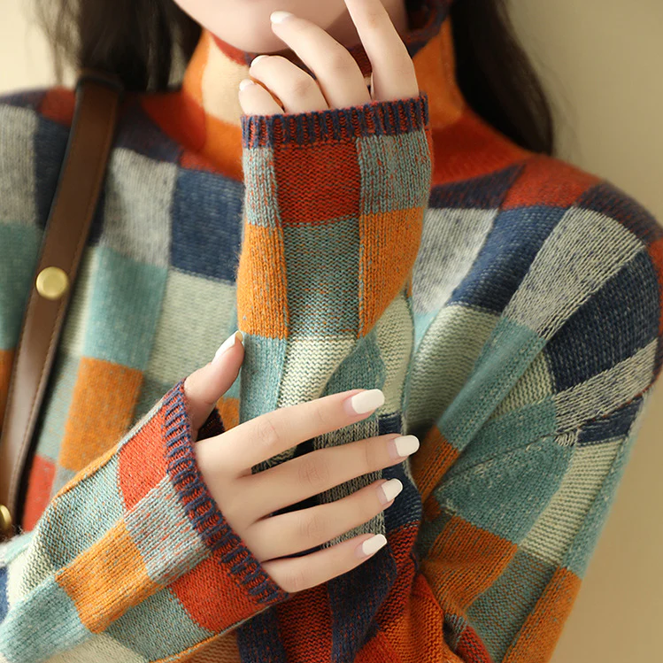 Women's Colorblock Check Turtleneck Sweater | Bold Retro Grid Pattern, Mock Neck, Relaxed Knit Fit | Sizes S-XL