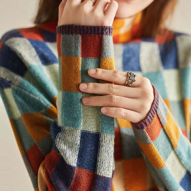Women's Colorblock Check Turtleneck Sweater | Bold Retro Grid Pattern, Mock Neck, Relaxed Knit Fit | Sizes S-XL