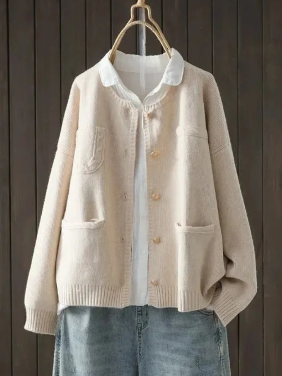 Women's Knit Cardigan with Four Patch Pockets | Round Neckline, Dropped Shoulders, Relaxed Fit | 3 Colors