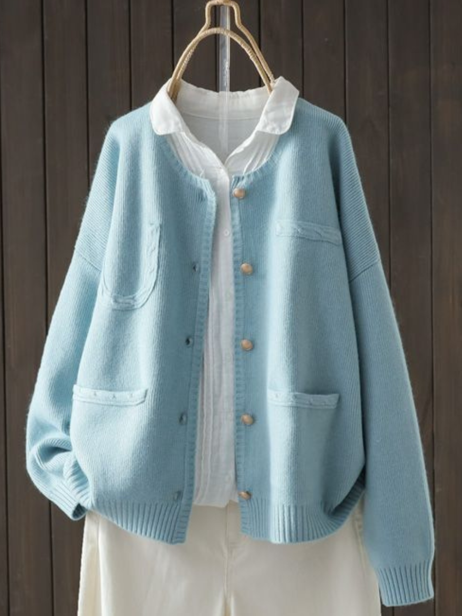Women's Knit Cardigan with Four Patch Pockets | Round Neckline, Dropped Shoulders, Relaxed Fit | 3 Colors