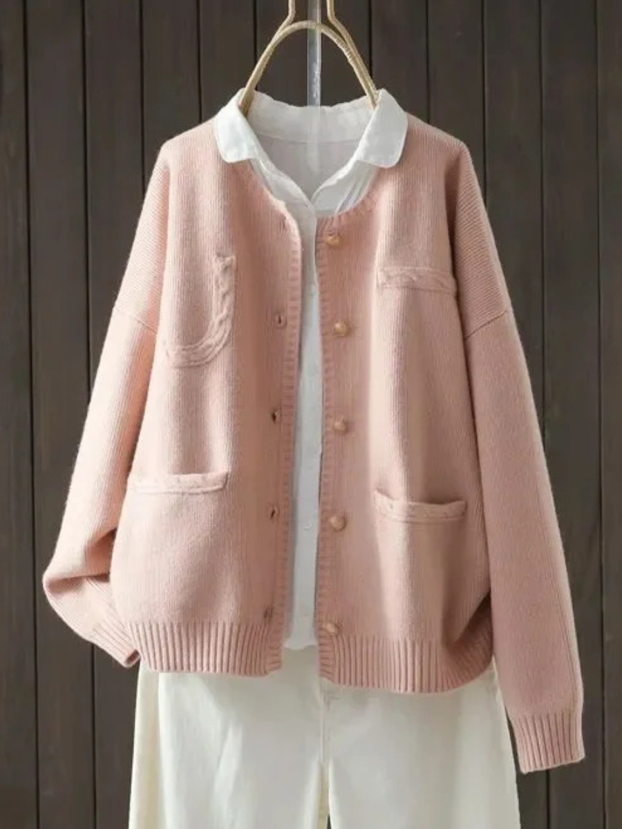 Women's Knit Cardigan with Four Patch Pockets | Round Neckline, Dropped Shoulders, Relaxed Fit | 3 Colors