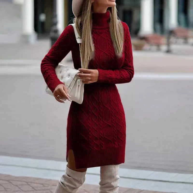 Women's High Neck Dress in Cable Knit | Fitted Mini Shape, Long Sleeves, Ribbed Hem Band | Sizes S-3XL, 5 Colors
