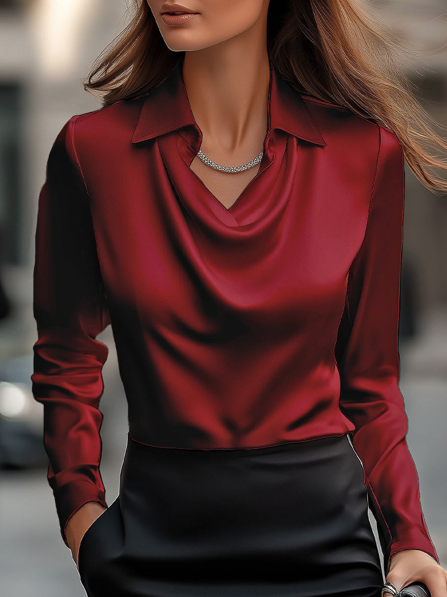 Women's Satin Blouse with Draped Cowl Neckline | Pointed Collar, Long Sleeves, Loose Cut | Sizes S to 2XL, 11 Colors