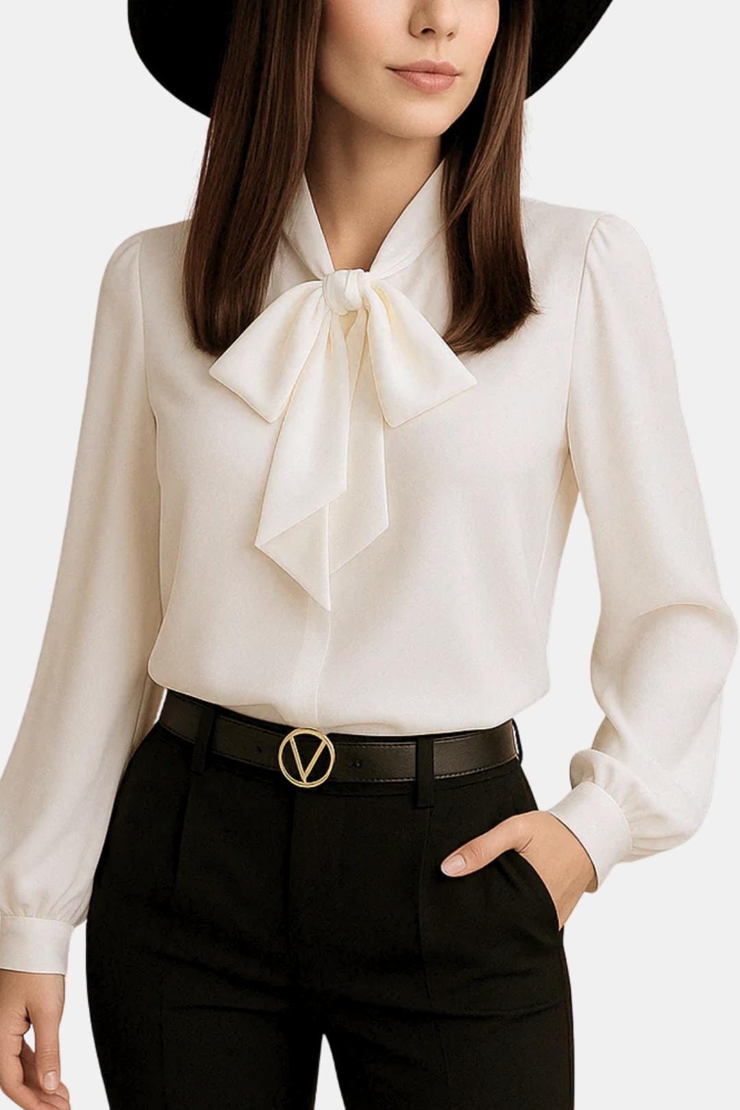 Women's Bow Blouse with Long Sleeves and Buttoned Cuffs | Tie Neckline, Front Button Closure | Sizes XS to 3XL, 4 Colors