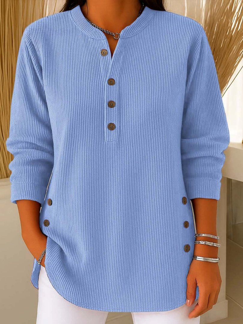 Women's Ribbed Knit Crew Neck Sweater with Decorative Buttons | Relaxed Fit Long Sleeve Pullover | Size S-3XL