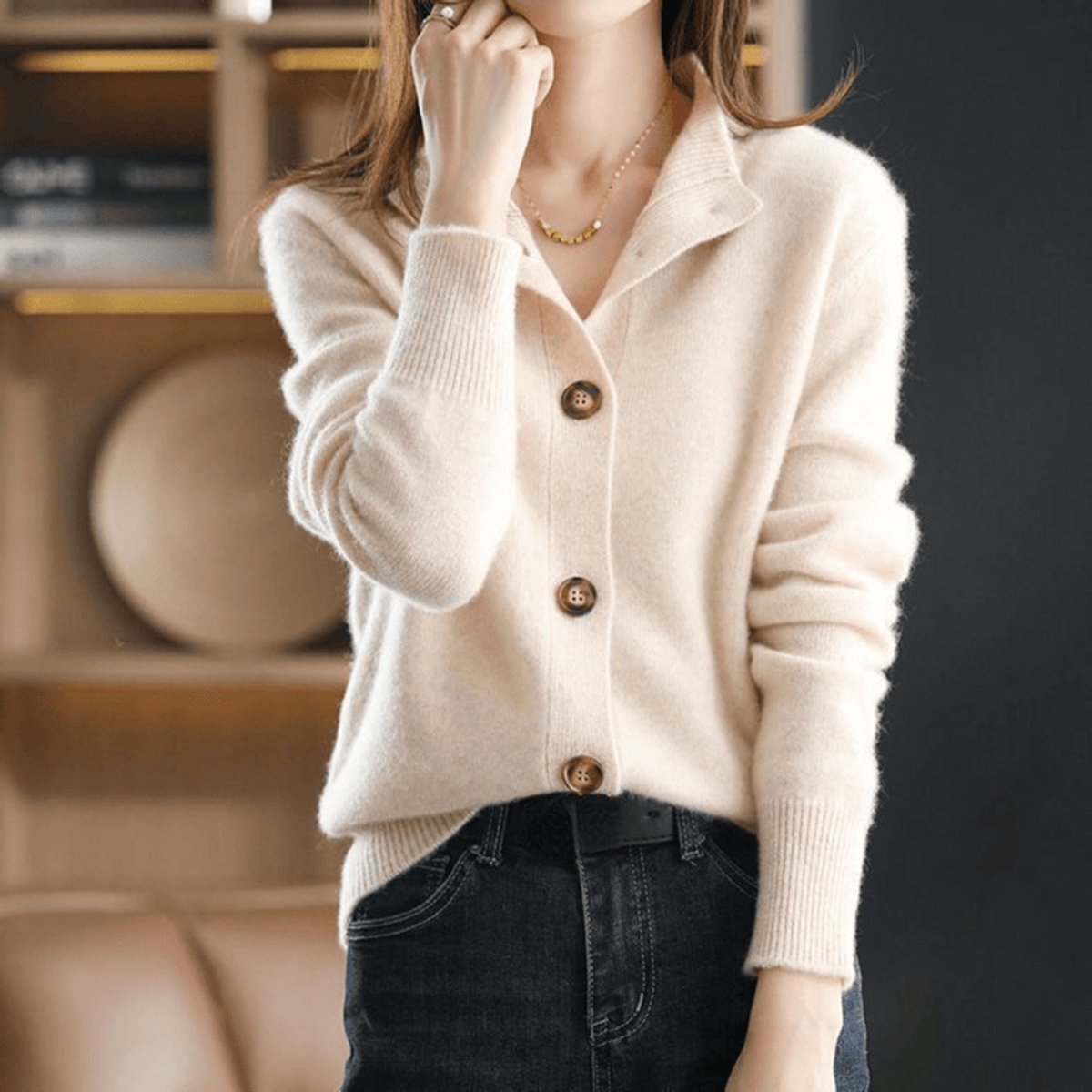 Women's Cashmere Blend Cardigan Sweater with Button Front | Mock Neck Knitwear, Relaxed Fit for Fall and Winter | Size S-2XL