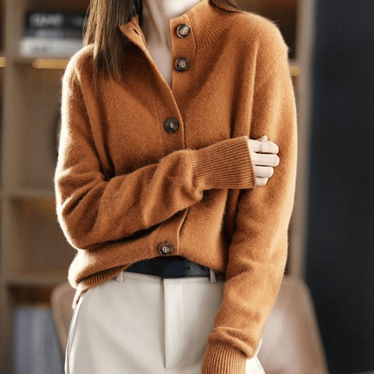 Women's Cashmere Blend Cardigan Sweater with Button Front | Mock Neck Knitwear, Relaxed Fit for Fall and Winter | Size S-2XL