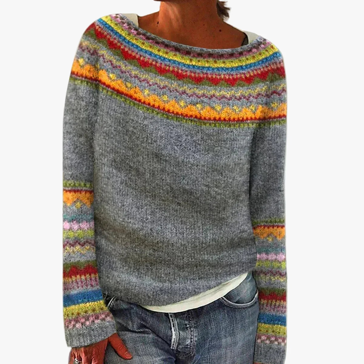 Women's Casual Boat Neck Acrylic Sweater with Nordic Yoke | Long Sleeve Winter Pullover with Banded Cuffs | Size S-5XL